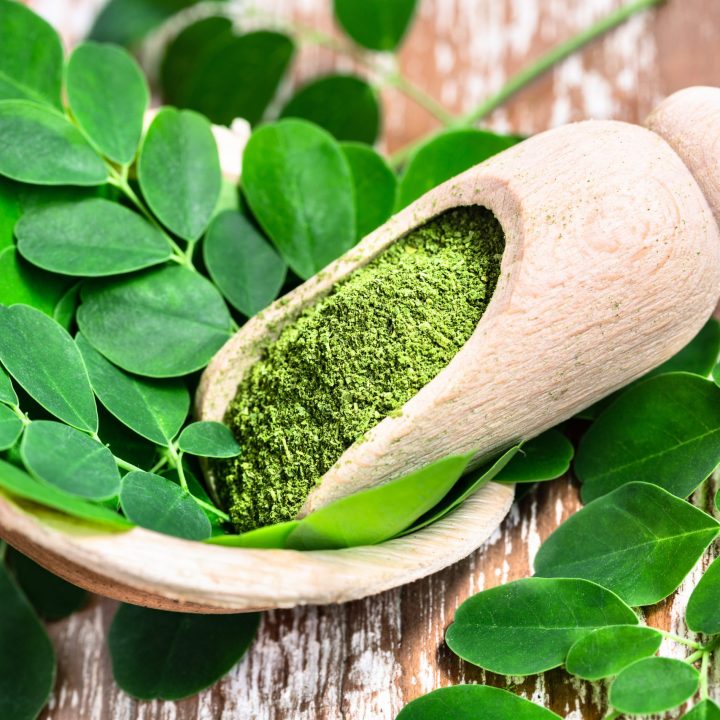 Moringa powder in wooden scoop with original fresh Moringa leave Moringa powder in wooden scoop with original fresh Moringa leaves on wooden table close-up.