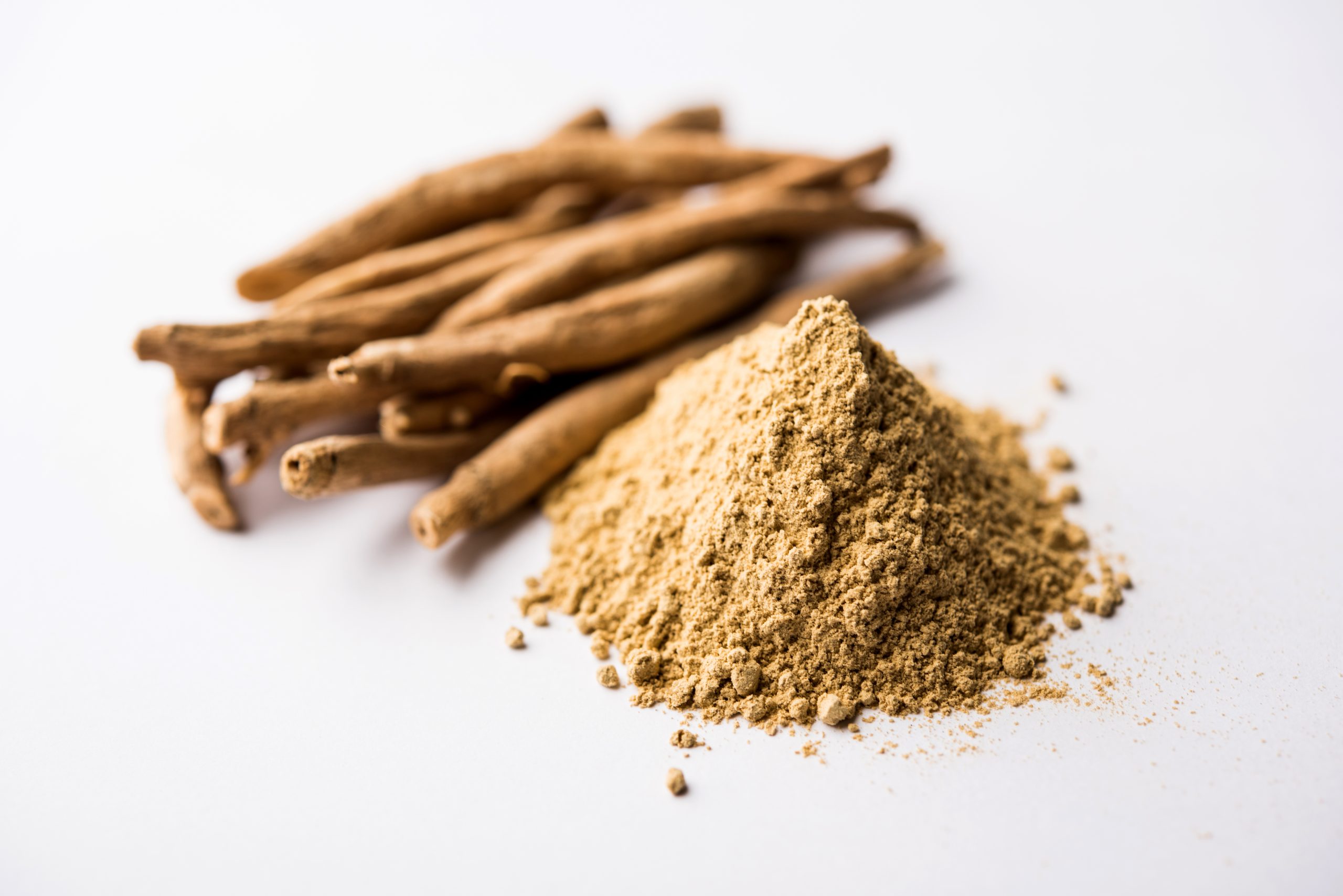 Ashwagandha or Aswaganda OR Indian Ginseng is an Ayurveda medicine in stem and powder form. Isolated on plain background. selective focus Ashwagandha or Aswaganda OR Indian Ginseng is an Ayurveda medicine in stem and powder form. Isolated on plain background. selective focus